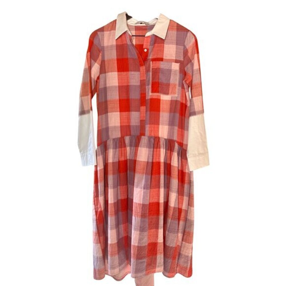 English Factory Plaid Dress Small Red/Pink Checkered Cotton/Linen